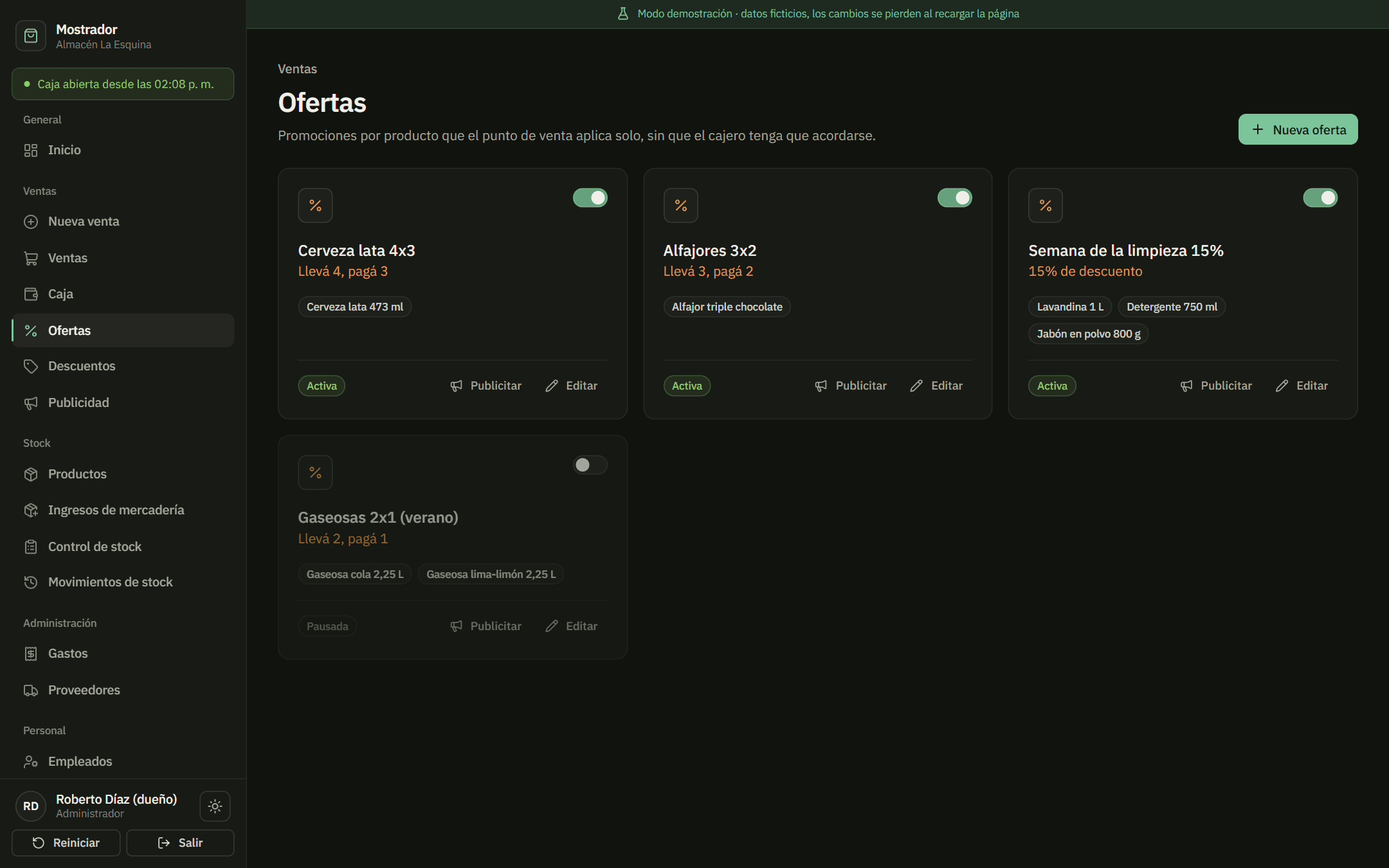 Ofertas configurables: 4x3, 3x2 y porcentaje de descuento por producto