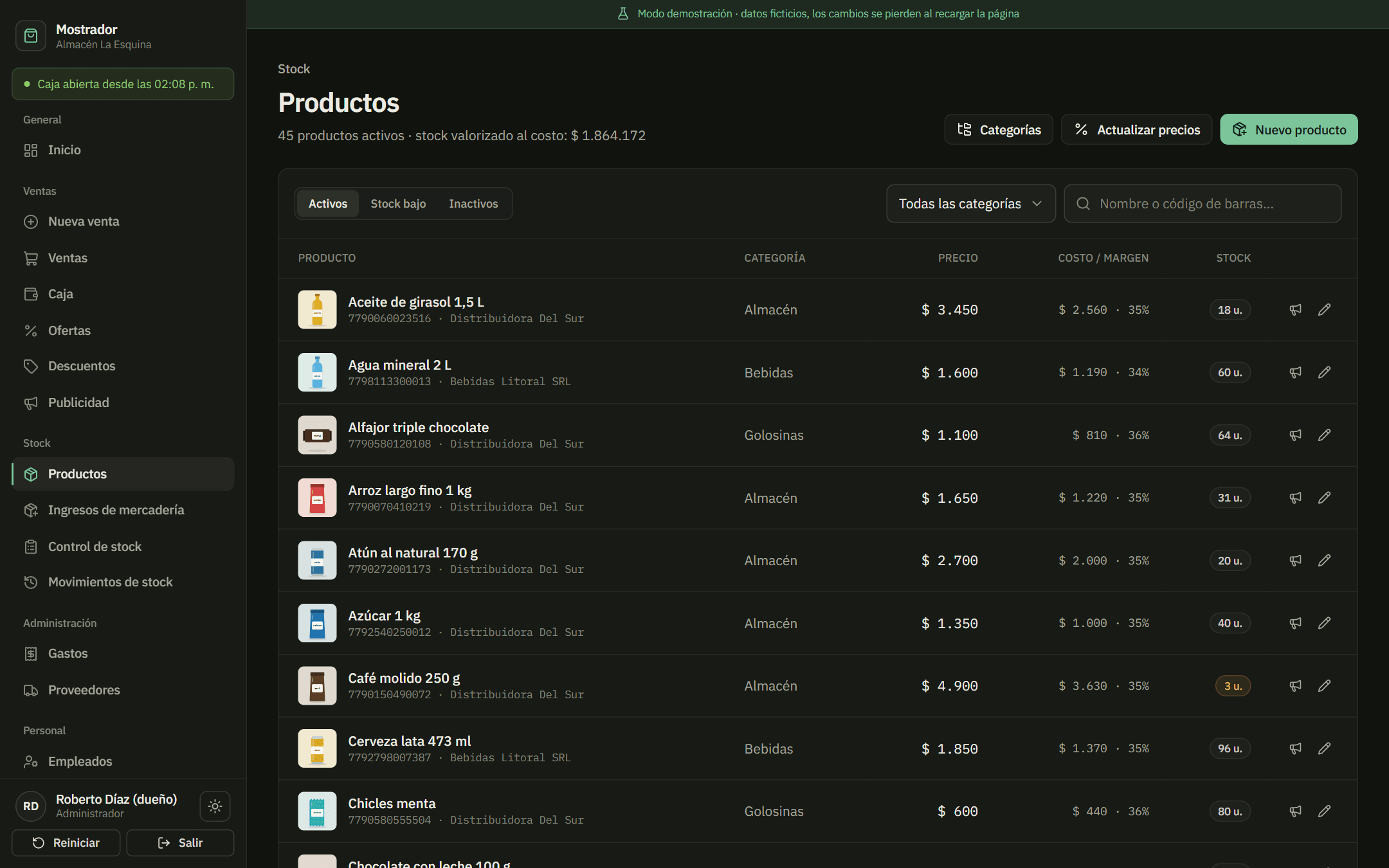 Listado de productos con precio, costo, margen y stock