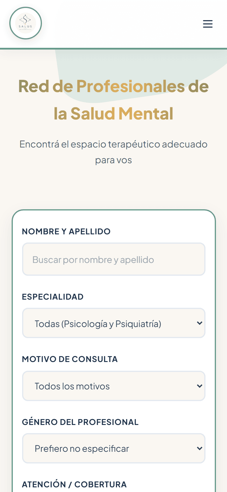 Versión mobile del buscador de SALUS