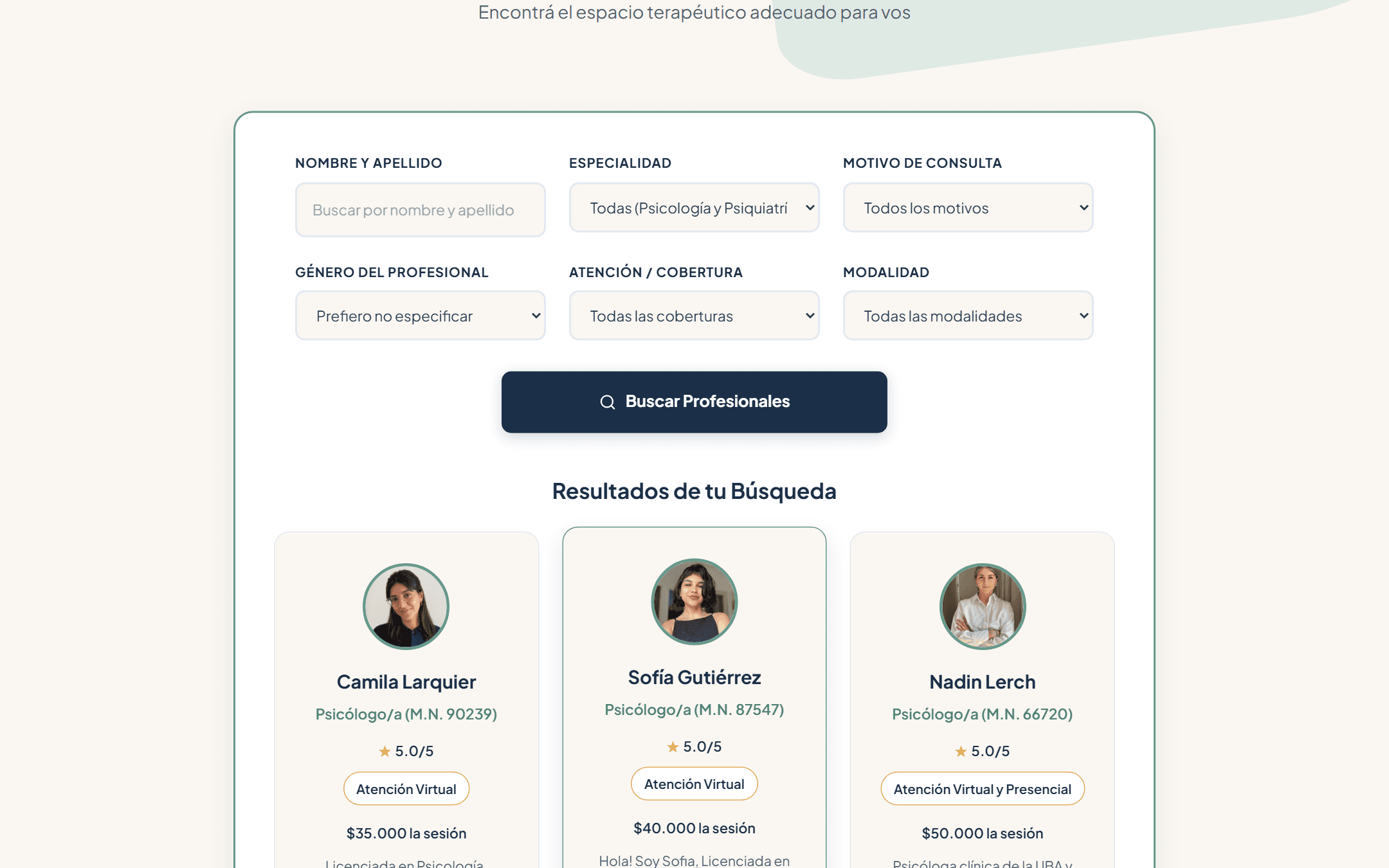 Resultados de búsqueda de SALUS con tarjetas de profesionales